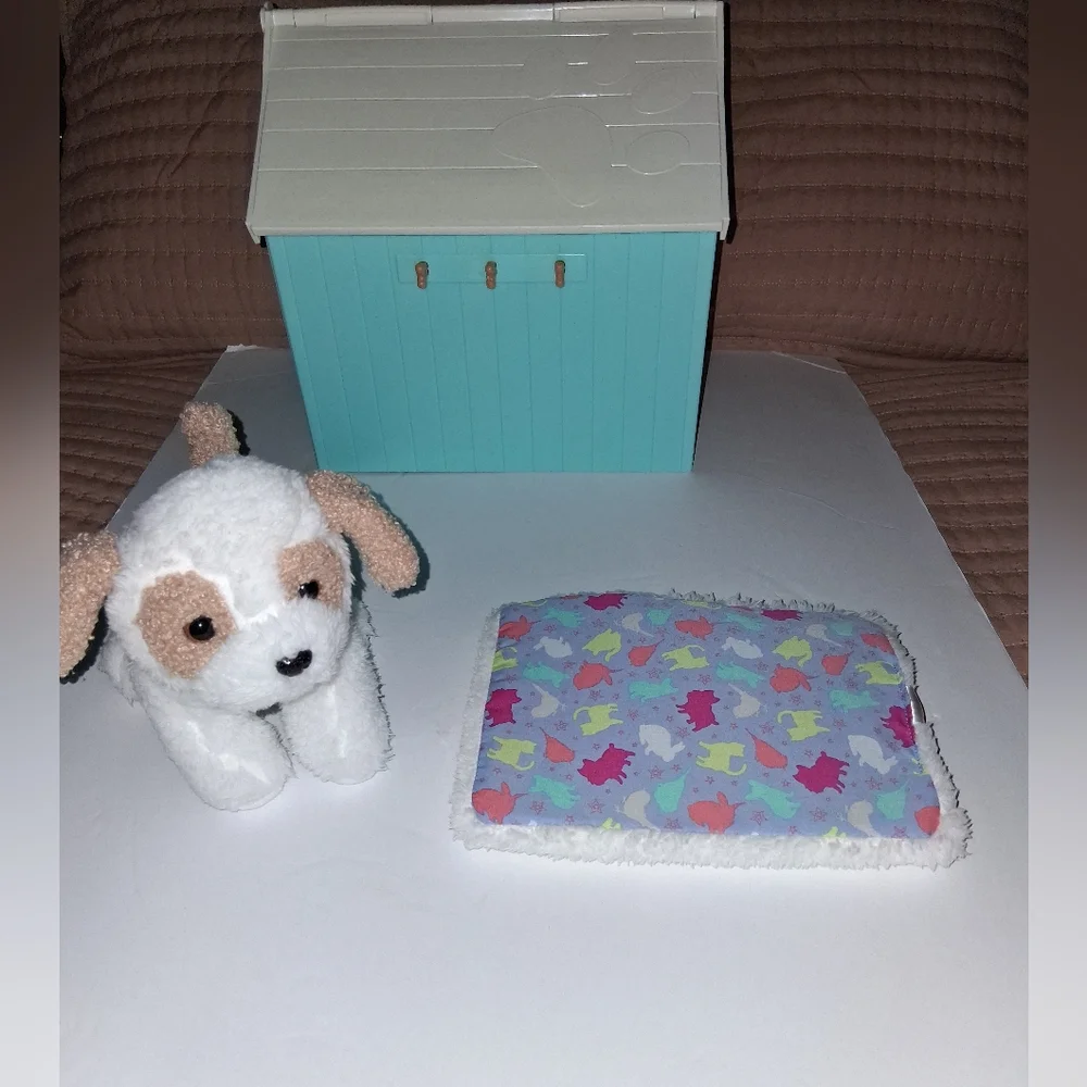 Our Generation Aqua and White Dog House Set with Plush Toy Pre-owned Good Condit